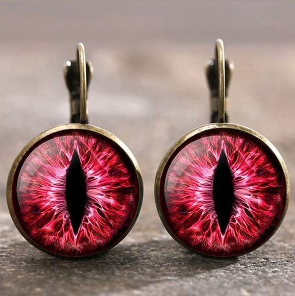 New Pink Dragon Eyes Glass Cabochon Bronze Earrings. - Picture 1 of 4